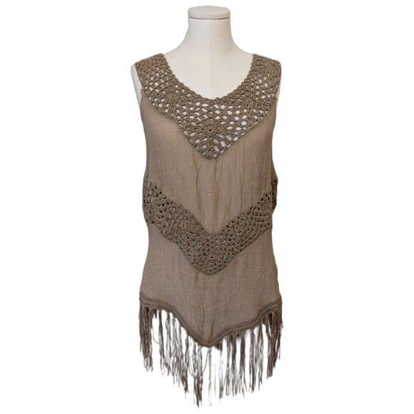 Womens Crochet Tunic Top Vest Brown Fringe Boho Lagenlook Fall Sleeveless Sz L - Picture 2 of 8